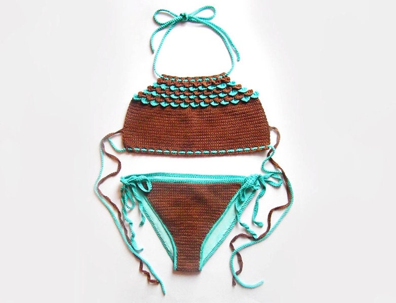 Crochet Bikini  - Brown Bikini - Women Knit Swimwear - Summer Knitting Fashion - Two Pieces - Tie Side Bottom - Full Lining - 20% Off Sale
