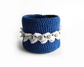 Lace Crochet Bracelet, Cotton Crochet Cuff, Blue Wrist Cuff, Lace Bracelet With Crystal Rhinestones, Women's Crochet Jewelry - 40% Off Sale