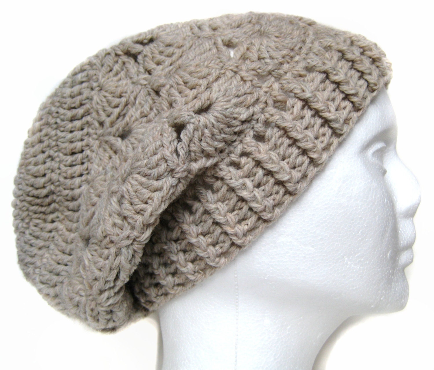 Crochet Slouchy Beanie Tam Hat - Mussel Lace Pattern, Wool, Beige Cream Sand Heather