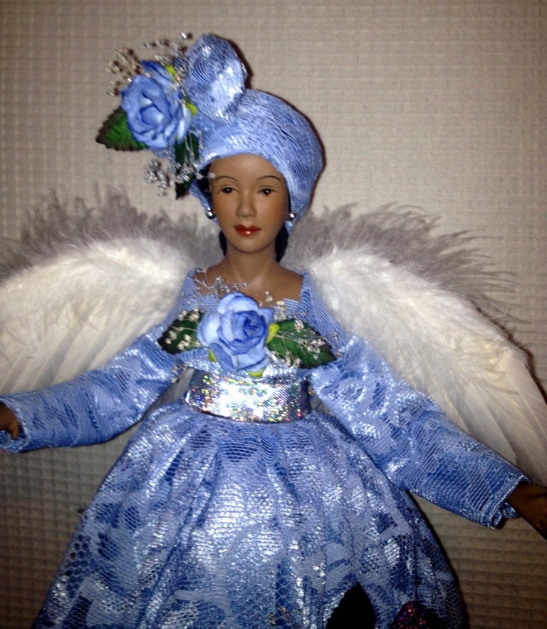 African American Angel in Powder Blue and Silver- Black Angel Gift Free Personalization