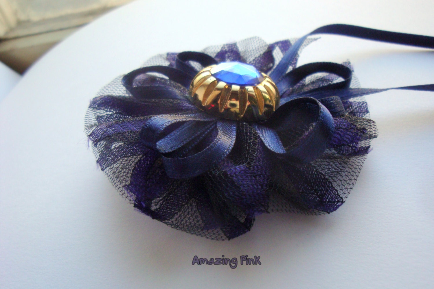 Hair Clip /Violet Black Lace  with Vntage Button in blue and gold and dark blue satin ribbon / Unique Accessory