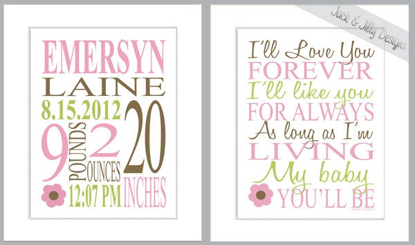 MATCHING NURSERY ART - Birth Stat & I'll Love You Forever Print 8x10 Print - You Choose Custom Colours - Nursery Art - Carter Jungle Jill
