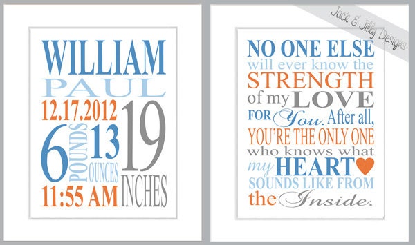 MATCHING NURSERY ART - Birth Stat and Strength of my Love Print - You Choose the Custom Colours - No one Else will ever know poem