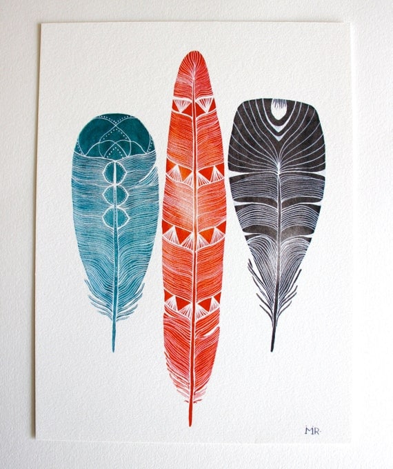 Feather Art Watercolor Painting - Large Archival Print - 11x14 Lhasa Feathers