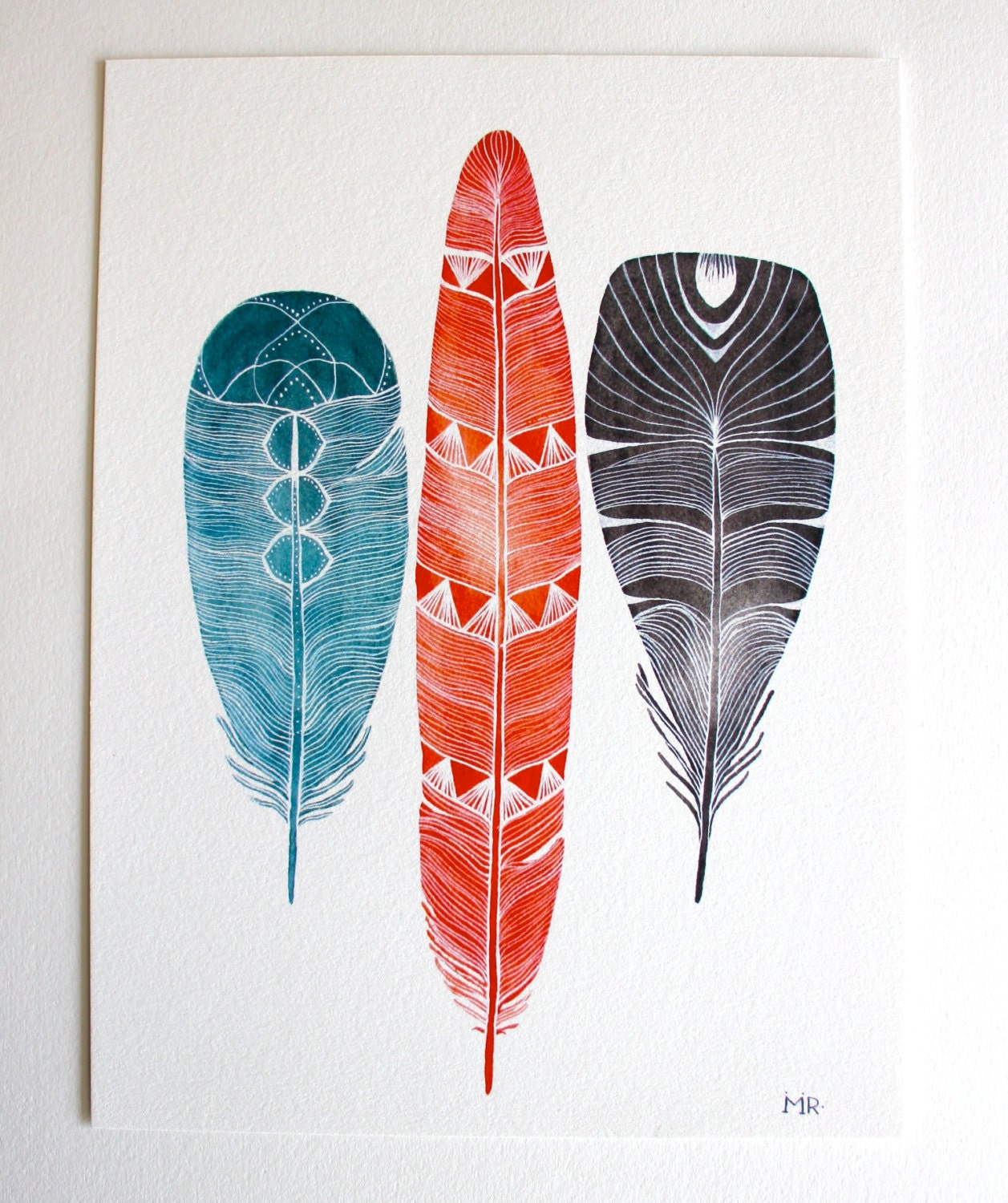 Feather Art Watercolor Painting - Large Archival Print - 11x14 Lhasa Feathers
