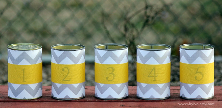 Tin Can Table Number. Wedding Vase. Upcycle Centerpiece. Gray Chevron and Yellow. Set of 5 Lovely Centerpiece.