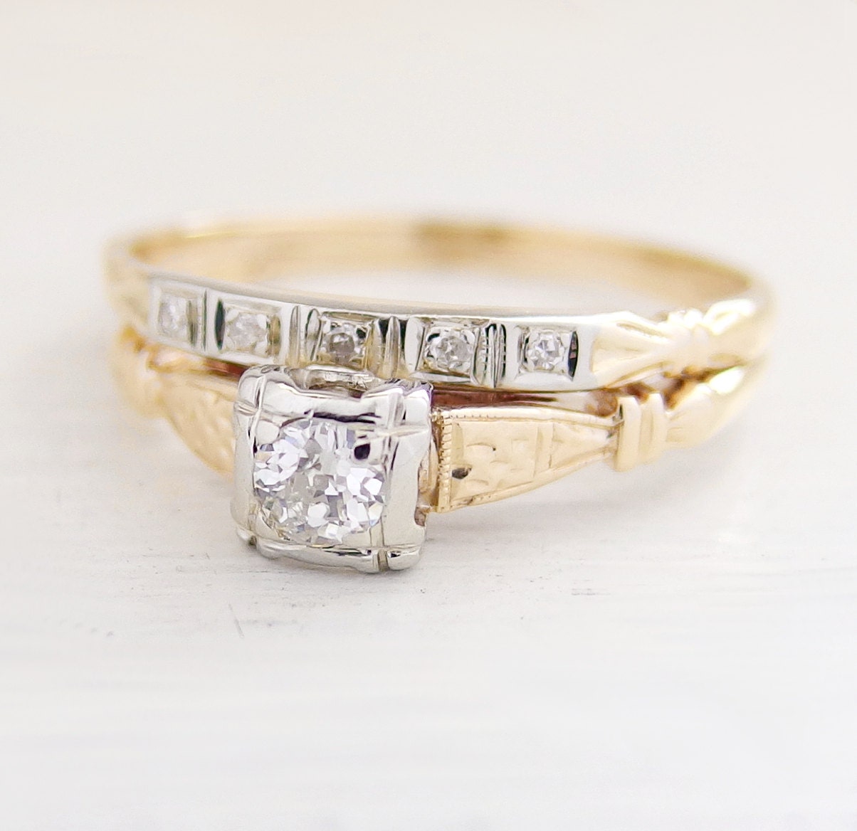 Vintage Art Nouveau Diamond Engagement Ring 14kt Yellow Gold Wedding Set High Quality Old European Cut Diamond 1943