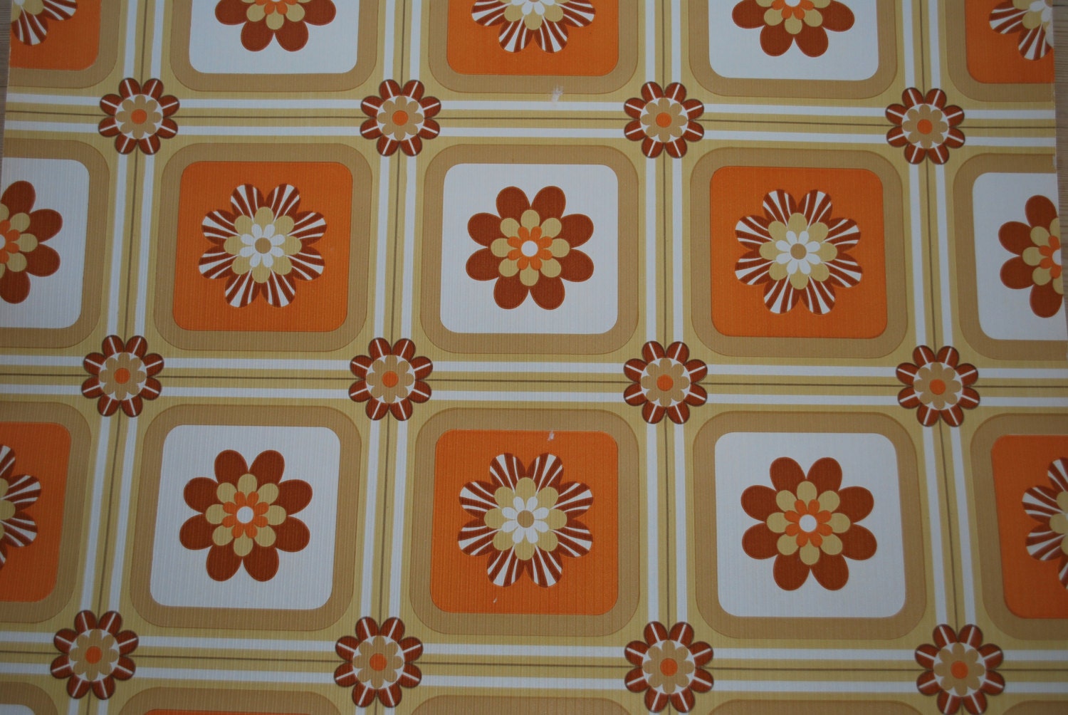 vintage wallpaper roll, brown and orange floral pattern, retro flowers, unused