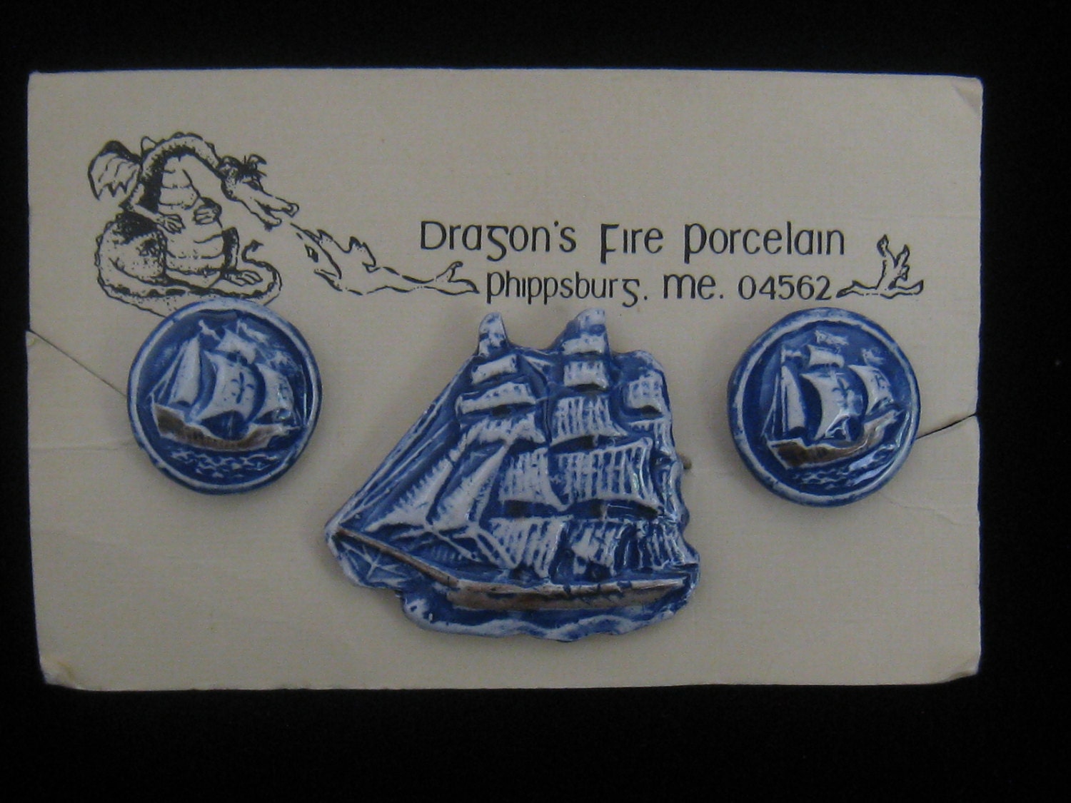 Vtg Blue & White Sailing Ship demi parure of Brooch and Clip Earrings from Dragon's Fire Porcelain formerly of Phippsburg, ME