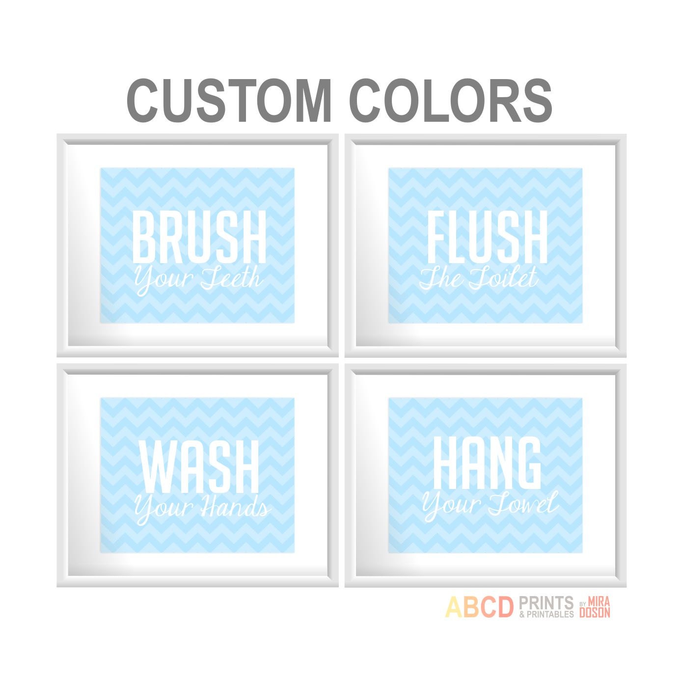 Kids bathroom prints. Brush, Flush, Wash, Hang. Bathroom decor. Set of 4 8x10 CUSTOM COLORS
