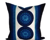 Decorative Throw Pillow 1970s Blue Vintage Fabric 18" x 18" Retro Cushion Cover