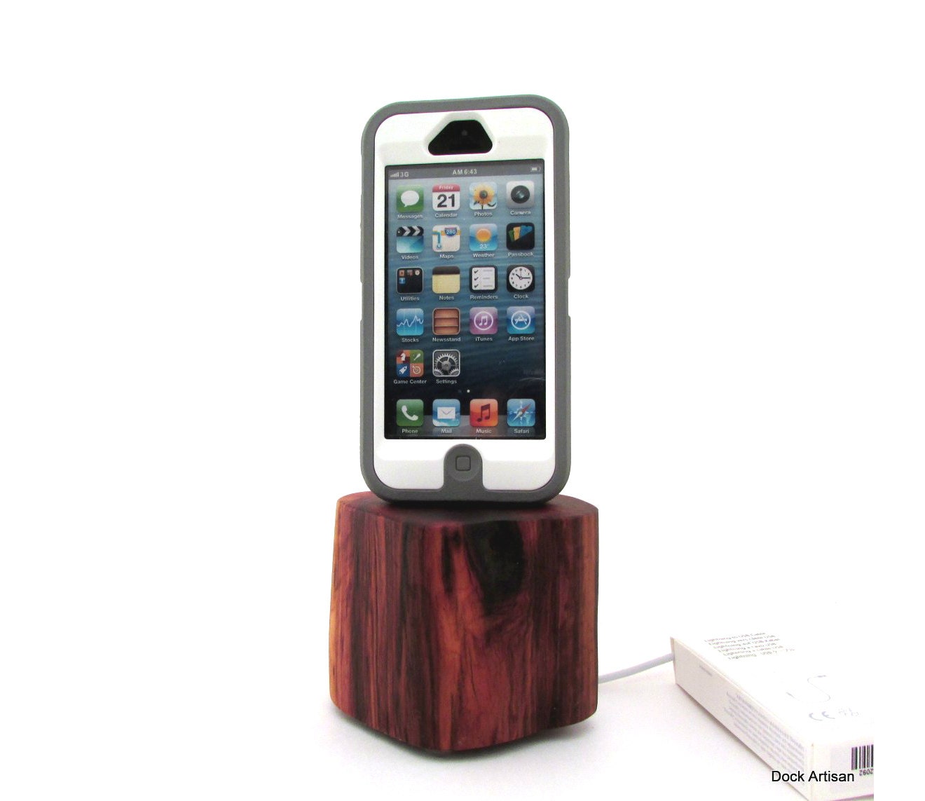 Adjustable iPhone 5 Wood Docking Station for Otterbox Defender Cases