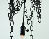 Industrial urban rustic Pendant Lamp made from repurposed chain wood steel pipe