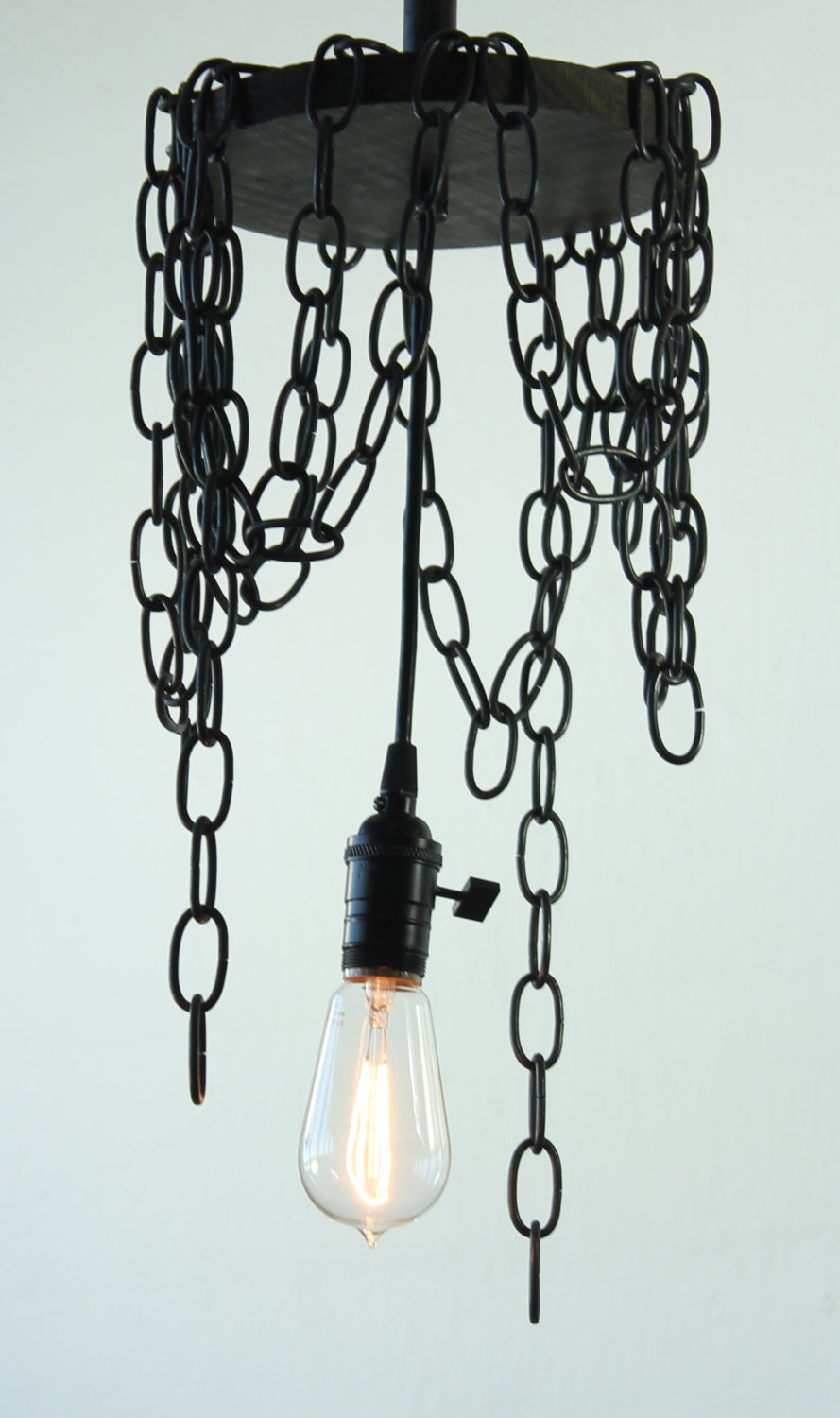 Industrial urban rustic Pendant Lamp made from repurposed chain wood steel pipe