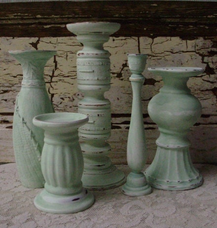 5 Candle Holders Shabby Chic Cottage Pastel Green Chalk Paint