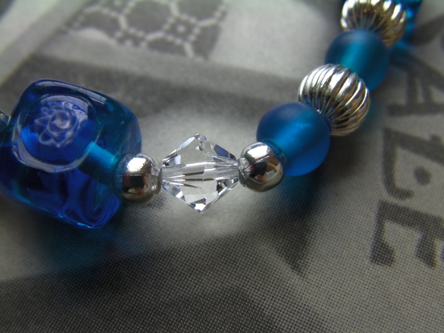 Blue Beaded Stretch Bracelet, Silver, Glass, Swarovski Crystal, Resort Wear, Gift, Girl, Teen, Small Wrist Woman, Handcrafted Jewelry, OOAK