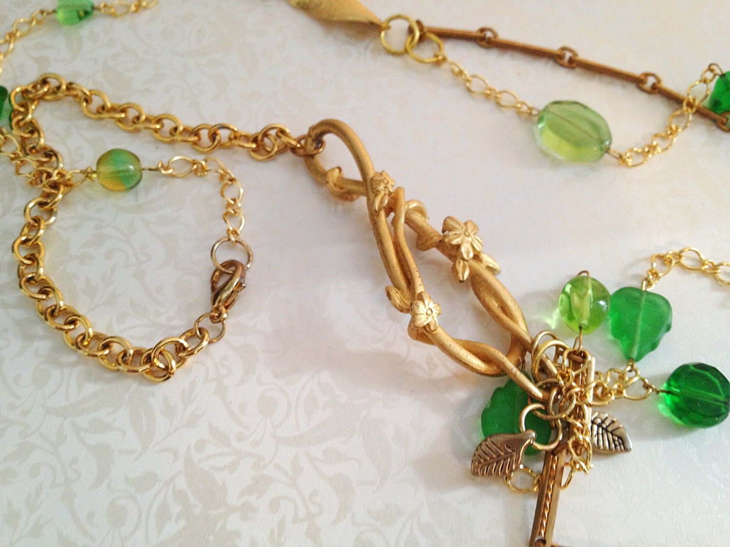 Green Glass Asymmetrical Necklace. Upcycled Vintage. Gold Tone Chain. Garden Party. Woodland. Long Necklace. Summer. Leaf. Unique.