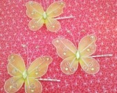 Set of 3 Yellow Butterfly Hair Pins. Bobby Pins. Bobbies. Nylon Butterflies. Sheer. Woodland. Whimsical. Rhinestones. Silver. Wedding.