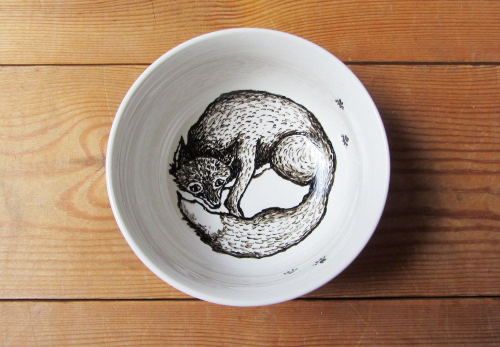 Curled up Fox in Cereal Bowl - hand drawn illustrated ceramic bowl