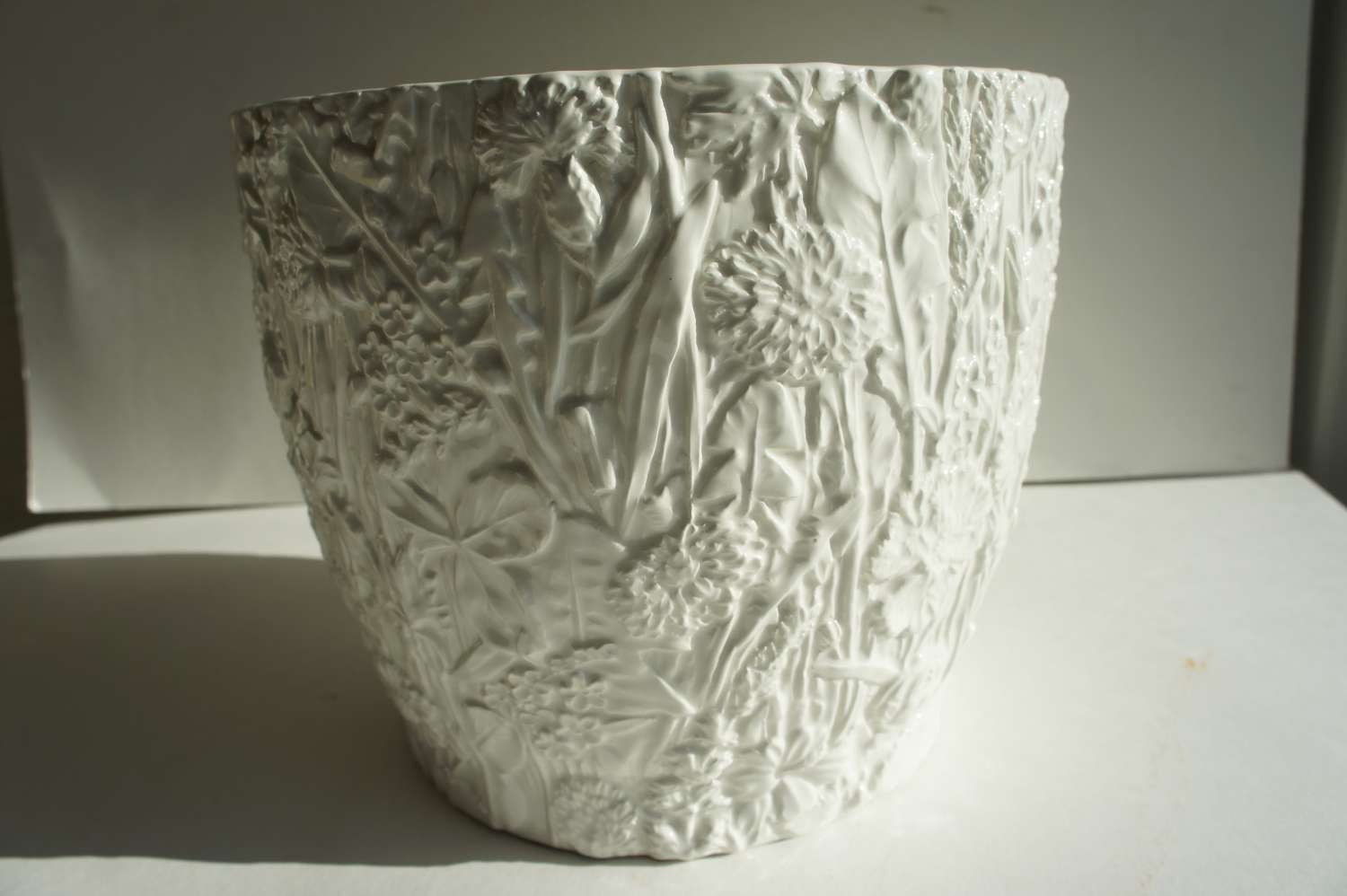 Vintage Floral Embossed White Planter from Italy
