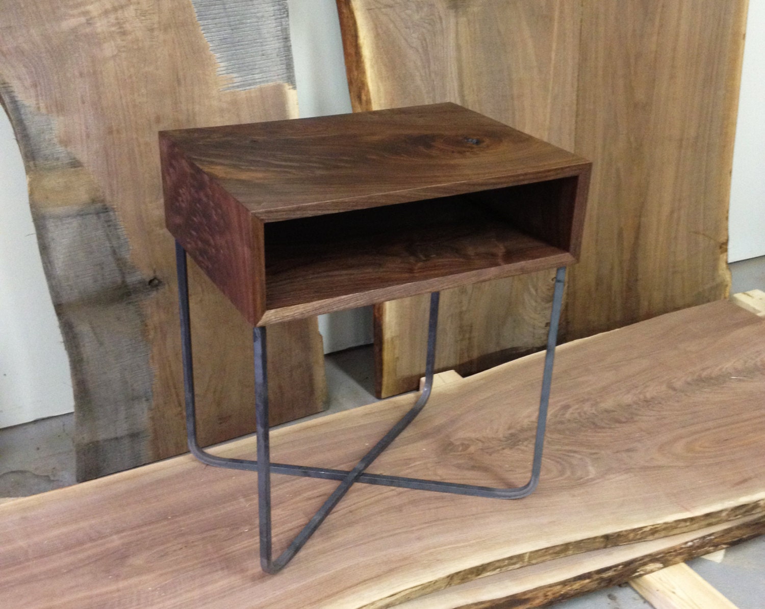 Stag Side Table / Nightstand - Modern Solid Walnut and Blackened Steel Base