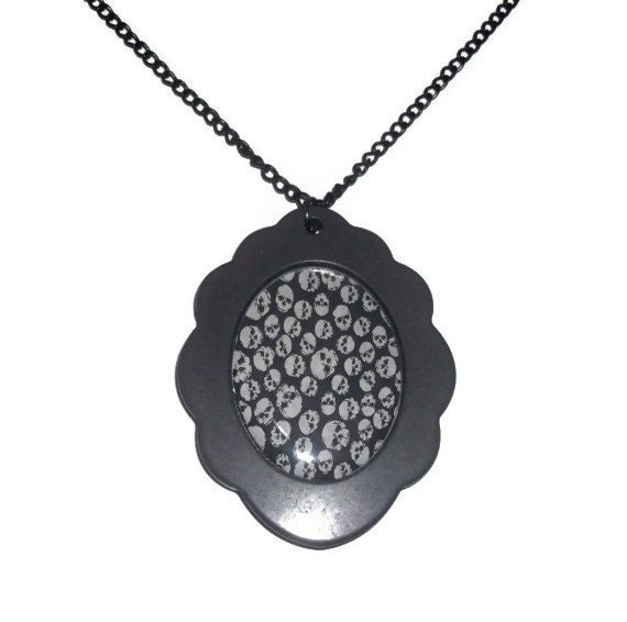 Skull Print Cameo Necklace, Large Cameo, Black Chain, Goth, Punk