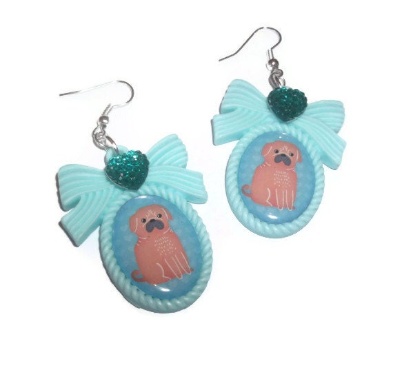 Cute Pug Cameo Earrings, Dog,  Kawaii Animal, Pastel Mint Green Dangle Earrings