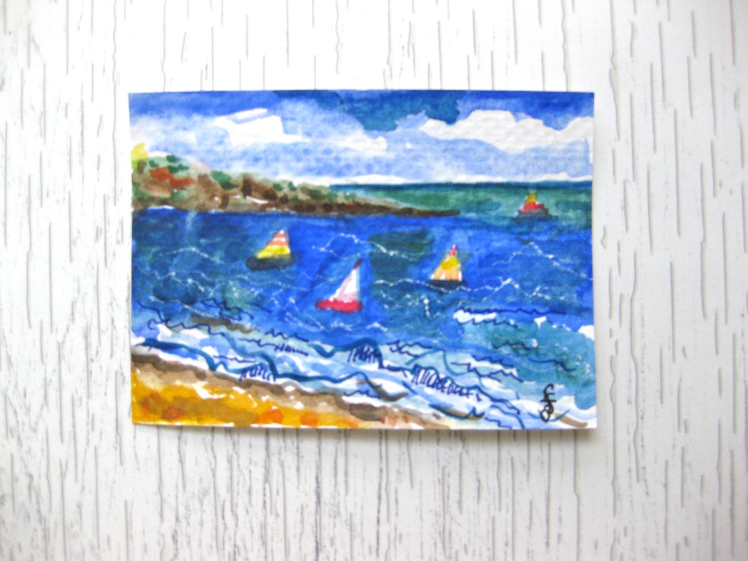 ACEO Original Watercolor and  Ink Ocean Painting Sailboats Clouds