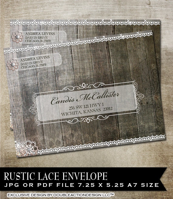 INSTANT DOWNLOAD- Rustic Lace Envelope -Printable envelope A7 size w burlap, lace and vintage elements etched wood