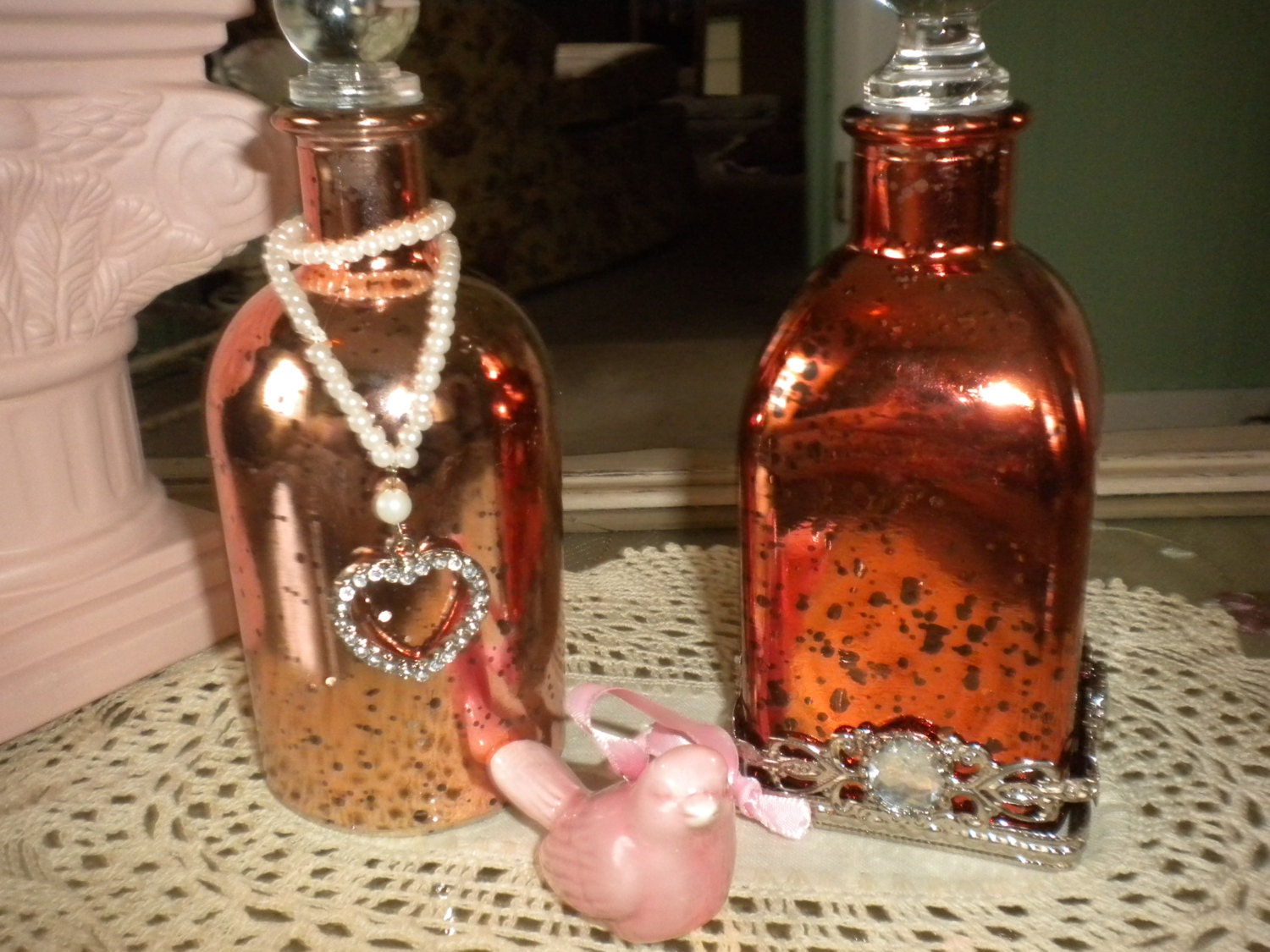 Set of 2 Mercry Glass Purfume Bottles, Victorian, French, Shabby Chic, Eclectic