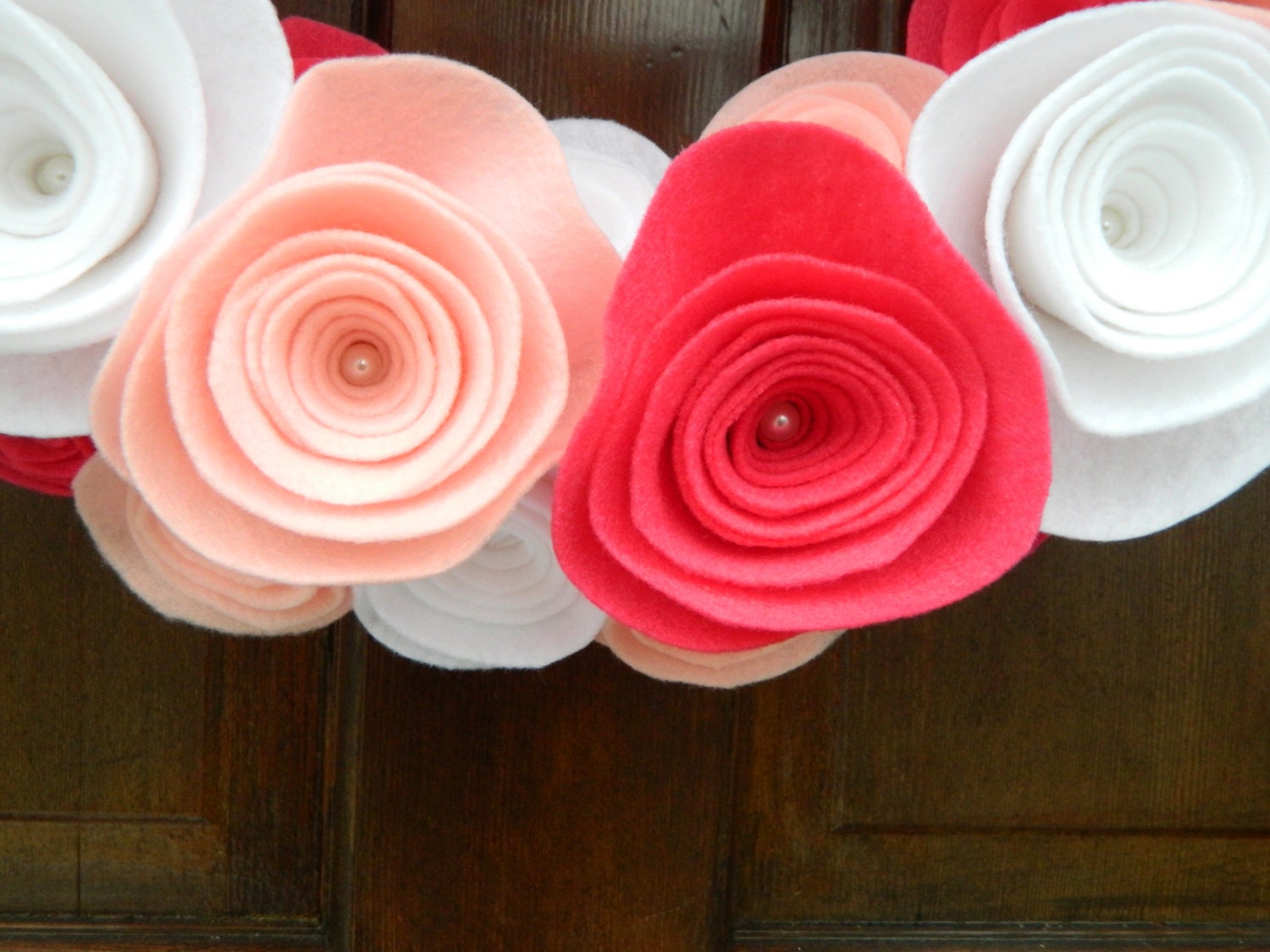 Baby Wreath - Nursery Wreath - It's A Girl Pendant Bunting Felt Flower Wreath in Pink and White with Pearls
