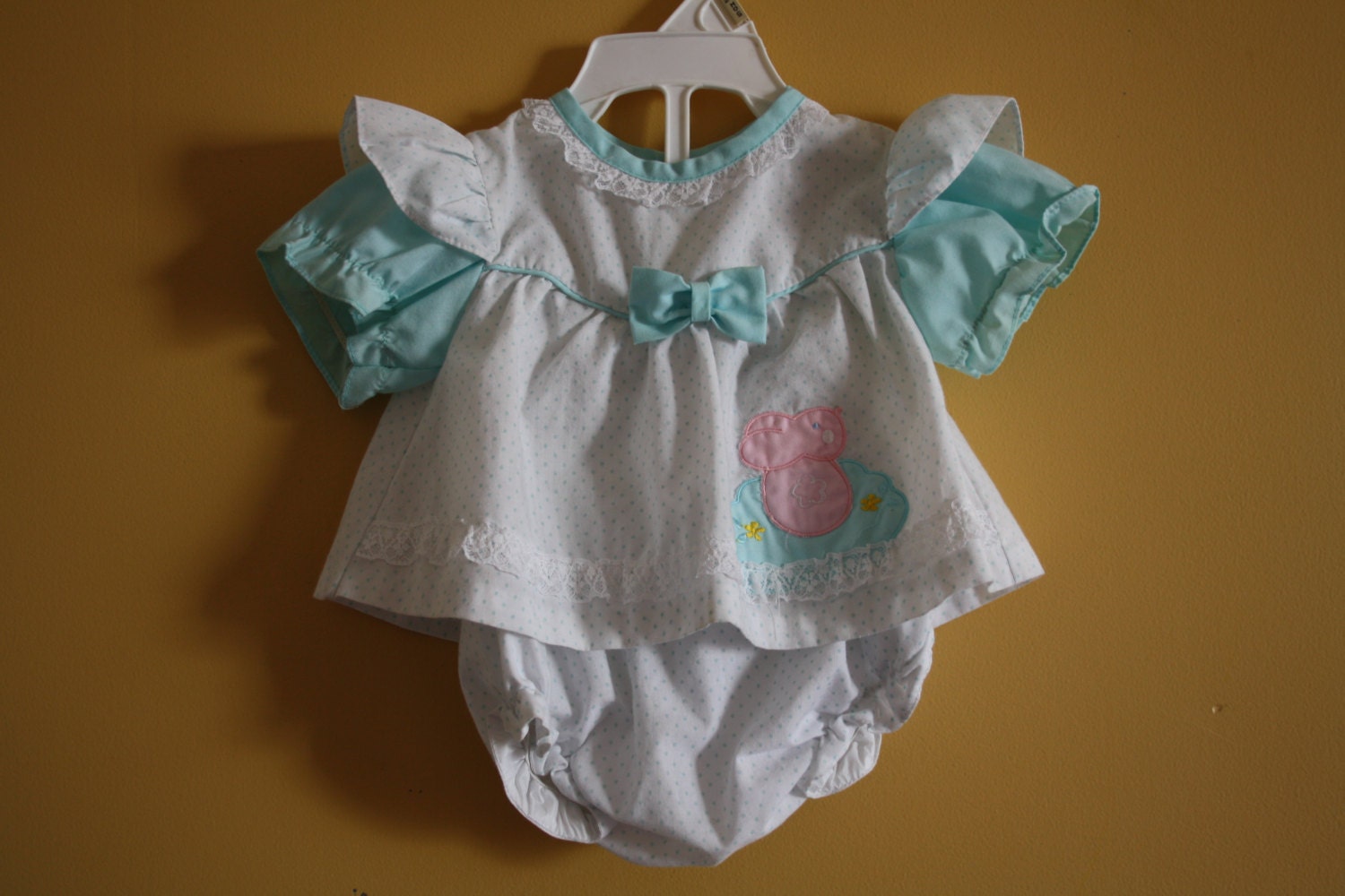 Vintage Sea foam green polka dot dress and diaper cover / 1960s vintage / newborn baby girl