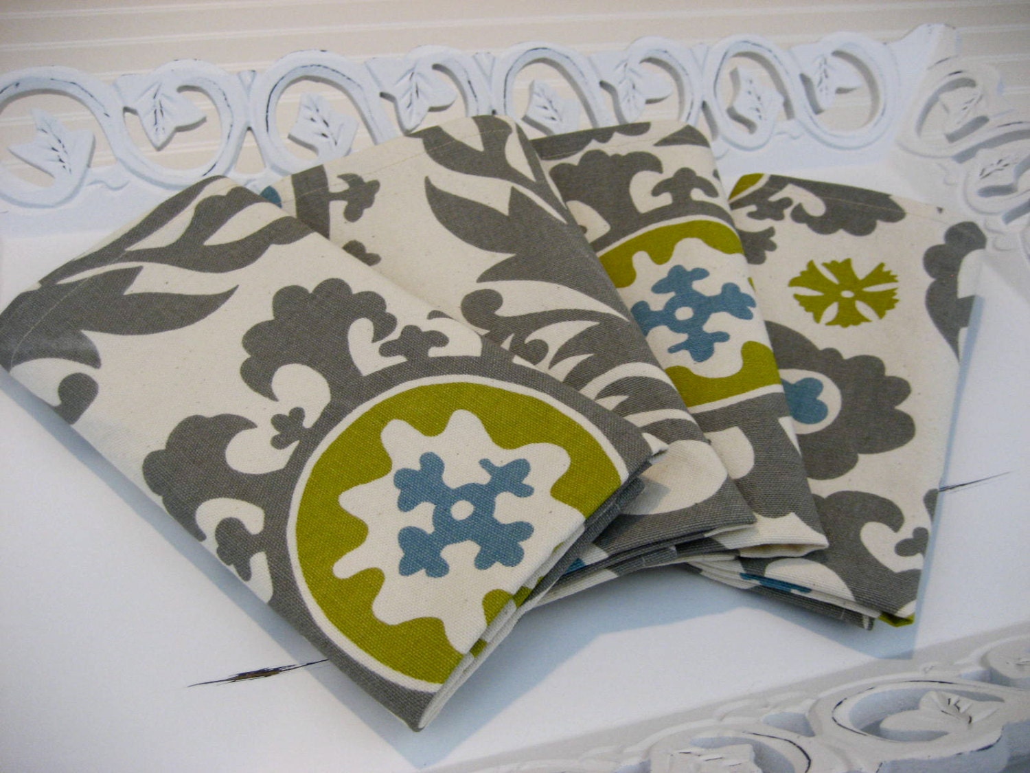 Fabric Napkins Modern Print Gray Teal Set of 4