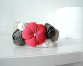 Headband fuchsia olive beige Fabric flower rosettes Satin and velvet ribbon covered - ready to ship