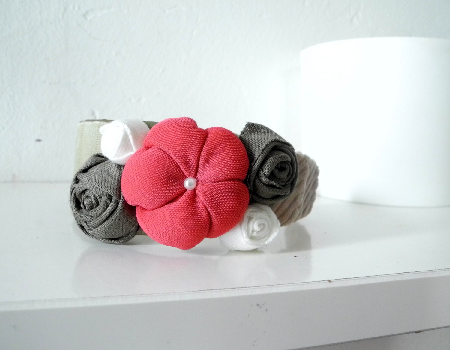Headband fuchsia olive beige Fabric flower rosettes Satin and velvet ribbon covered - ready to ship