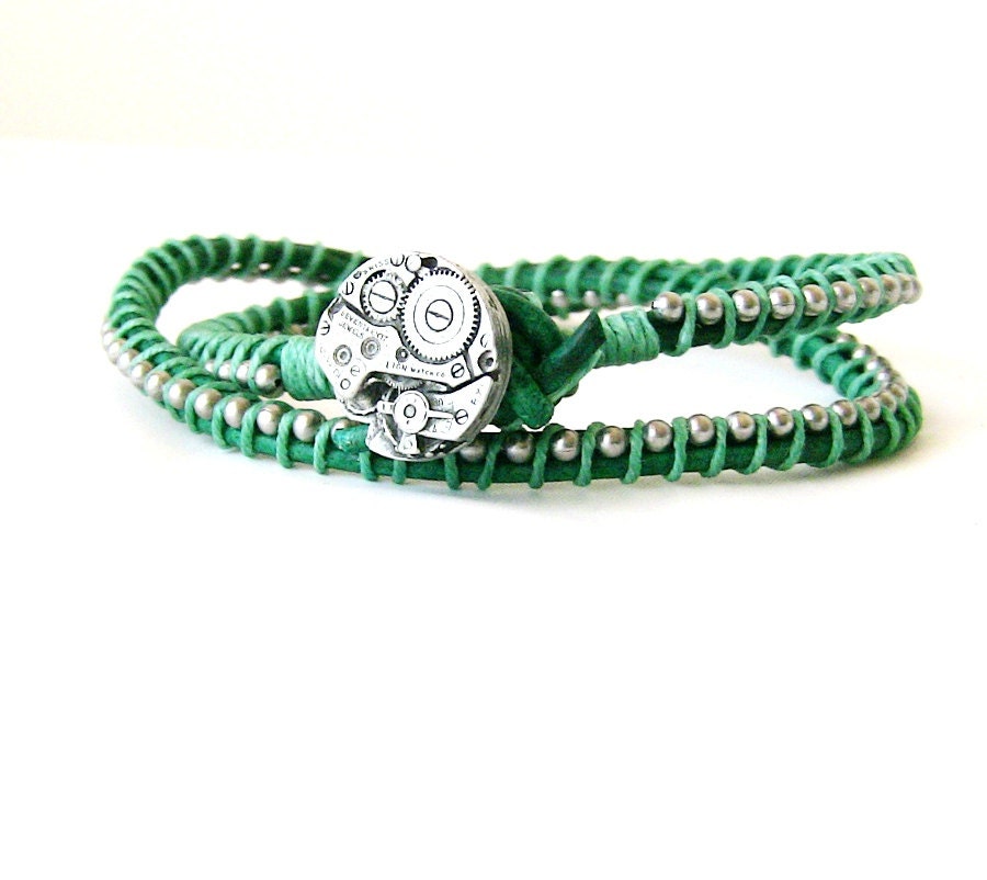 Steampunk Bracelet Womens Emerald Steampunk Jewelry Leather Silver Custom Watch Part Inspired by Oz