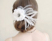 Vintage Brooch White Flower Feather Bridal Hairclip, Bridal Flower Hairclip - Something Old
