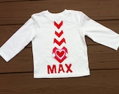 Custom children's clothing. Boys personalized Valentine tie shirt with name. Red white chevron. Red pink heart. By EverythingSorella