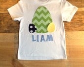 Personalized boys Easter Egg shirt. Green chevron. Navy blue yellow polka dot. blue name. Custom children's clothing by EverythingSorella