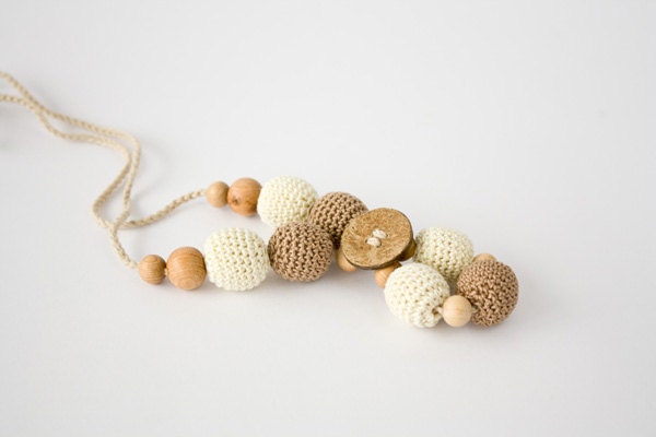 Nursing Necklace in Cream and Dark Beige with Coco Button - Babywearing,Teething Toy, Breastfeeding, Shower Gift