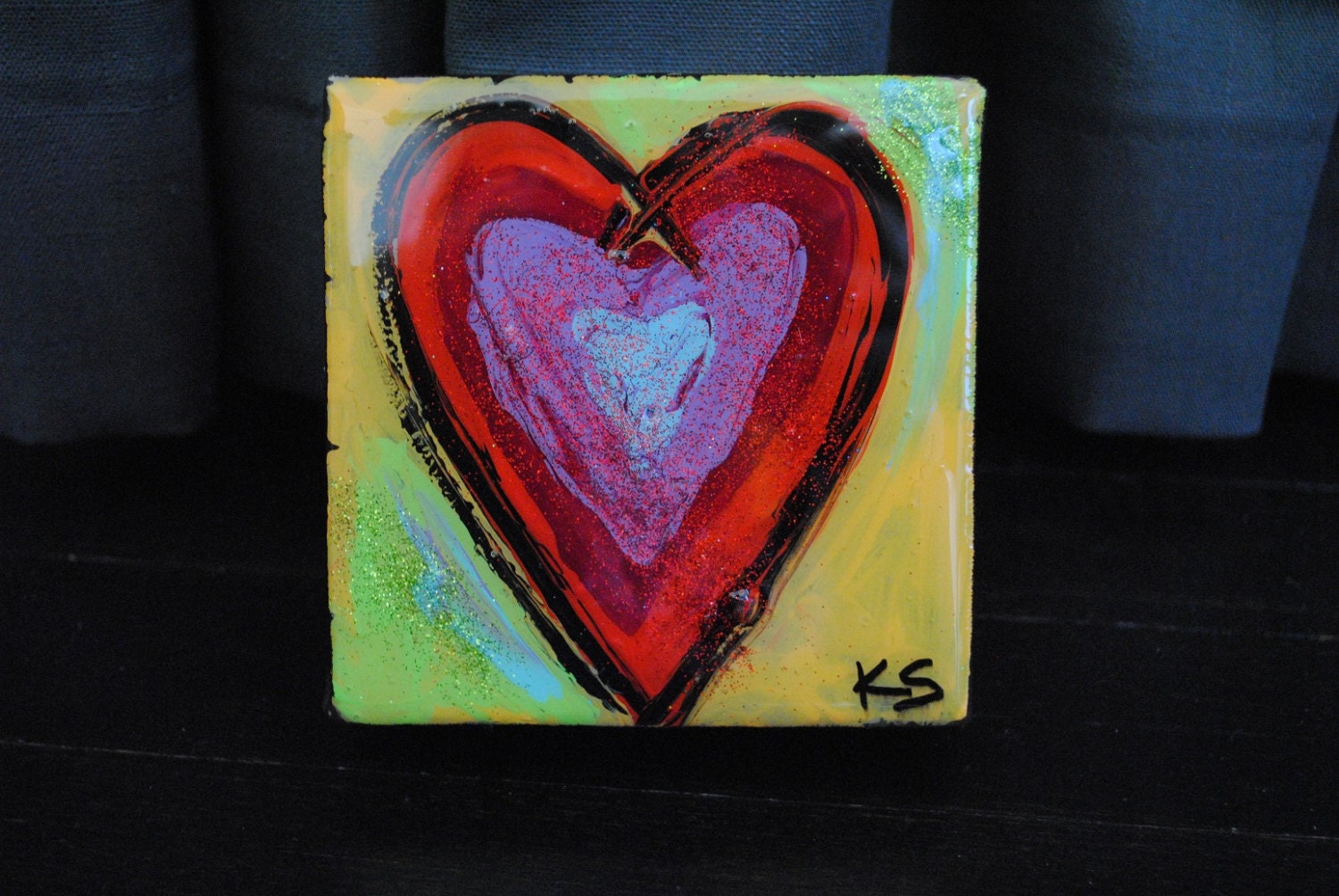 Red and Purple Heart Mini Painting original acrylic painting on canvas 4x4