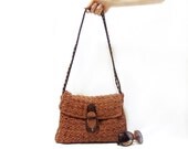 Free Shipping- Brown crochet tote bag- Cinnamon bag, Leather and chain handle- Handmade crochet handbag- Brown meally rope- Useful handbag-
