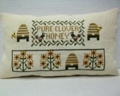 Primitive Honey Bee Cross Stitched Mini Pillow