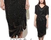 Vintage 80s SILK BEADED SEQUIN flapper skirt gown dress gold black deco fringe L