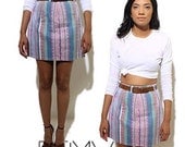 80s TRIBAL PASTEL mini skirt short denim blue jeans striped patterned print geometric pink green blue XS S