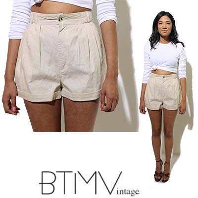 80s LINEN SHORTS light tan khaki preppy pleated high waist rolled hem summer XS
