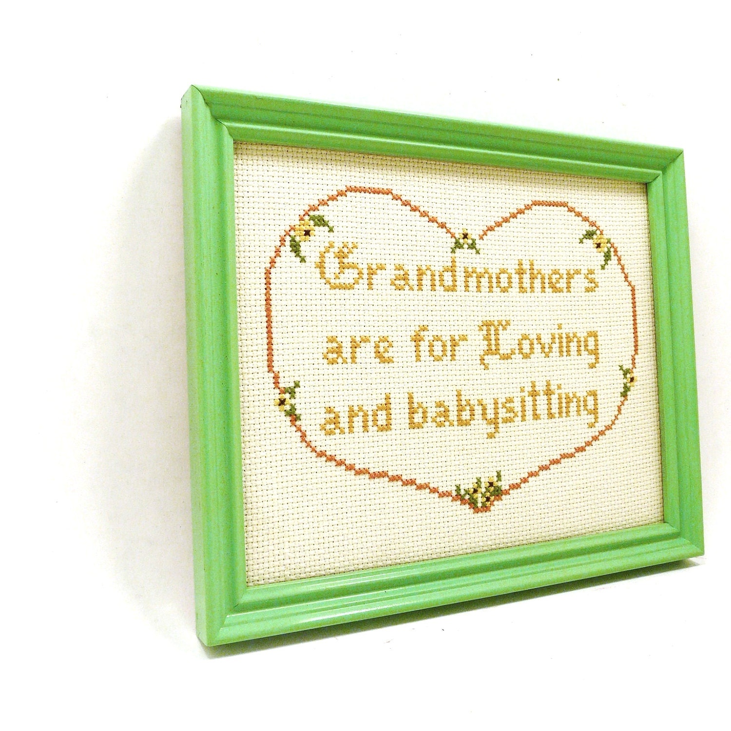 vintage framed needlepoint, granny, grandmother, grandmom, mint green, kitschy, wall art, rustic, sweet, southern home decor