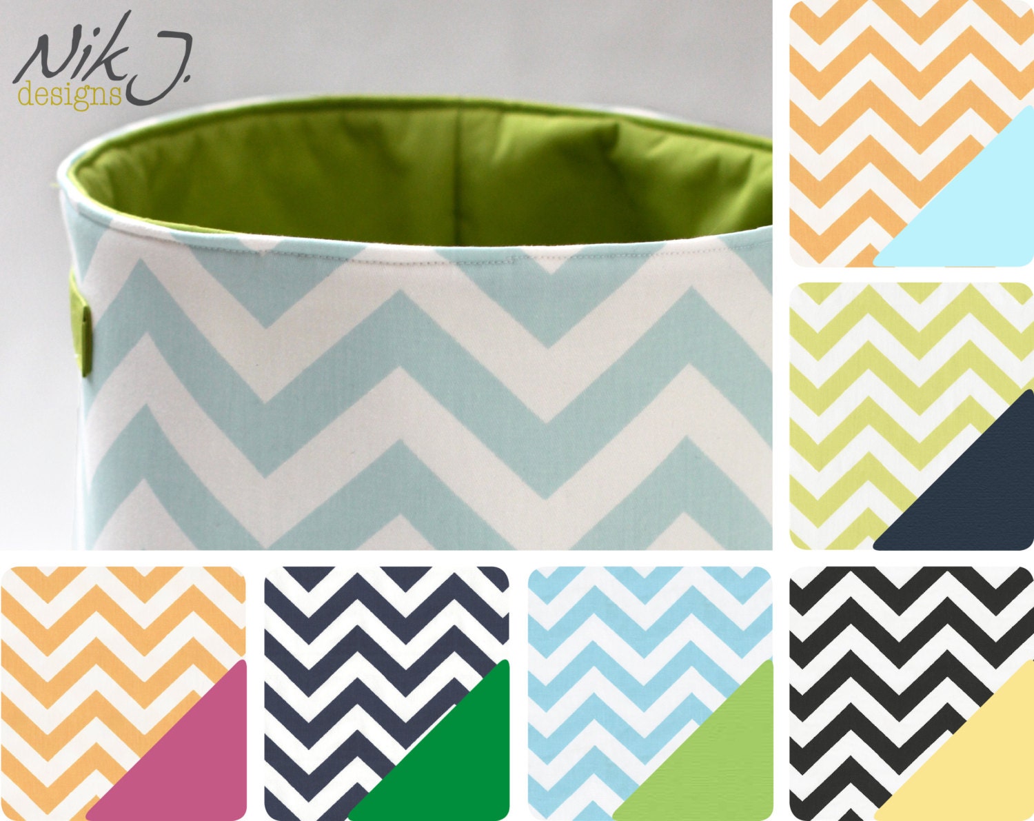 Medium Fabric Storage Bucket - Nursery Collection - Aqua and White Chevron