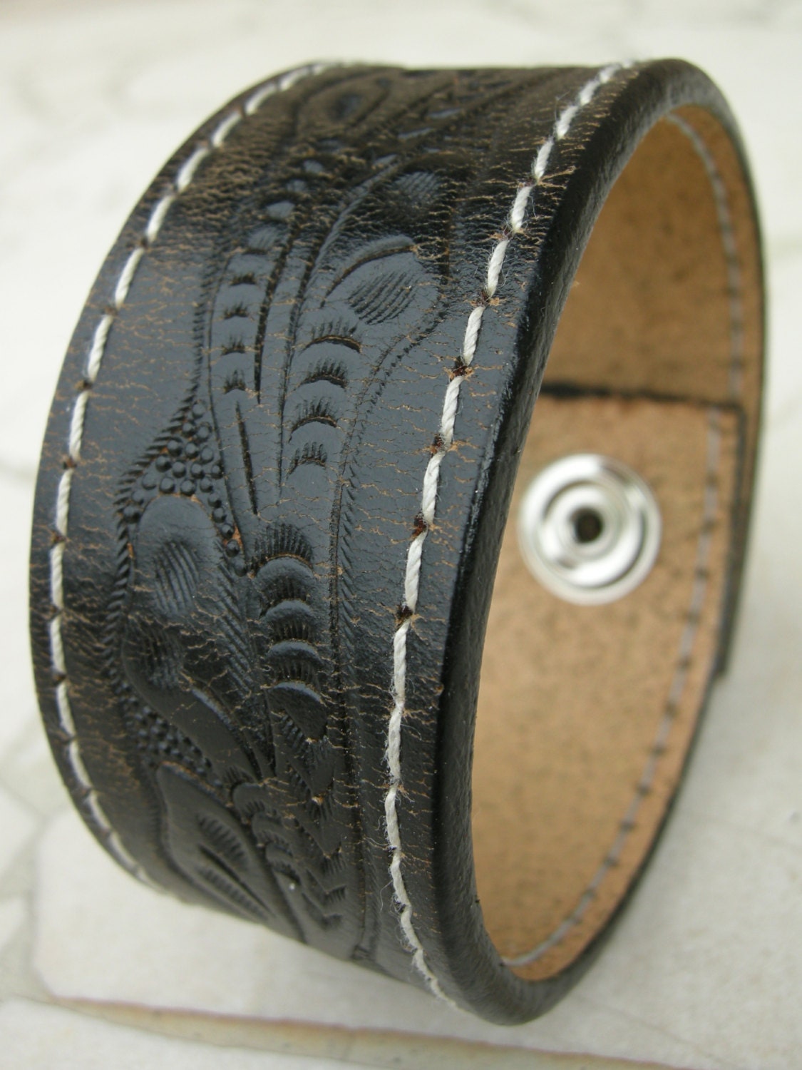 Mens Stitched Leather Wristband Recycled Reclaimed Bracelet Cuff with Snap BLK-78-1