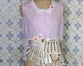 Pink Linen Blouse Vintage Lace Reconstructed Shabby Chic Doily Upcycled Gypsy Boho